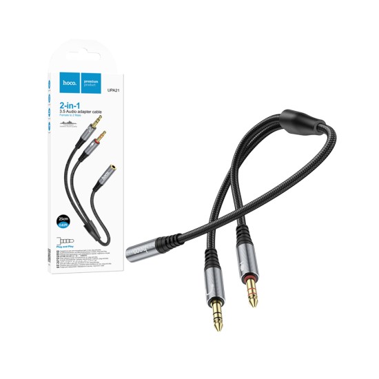 Adaptador de áudio Hoco UPA21 2 * 3,5 mm macho para fêmea 3,5 mm 25 cm cinza metálico